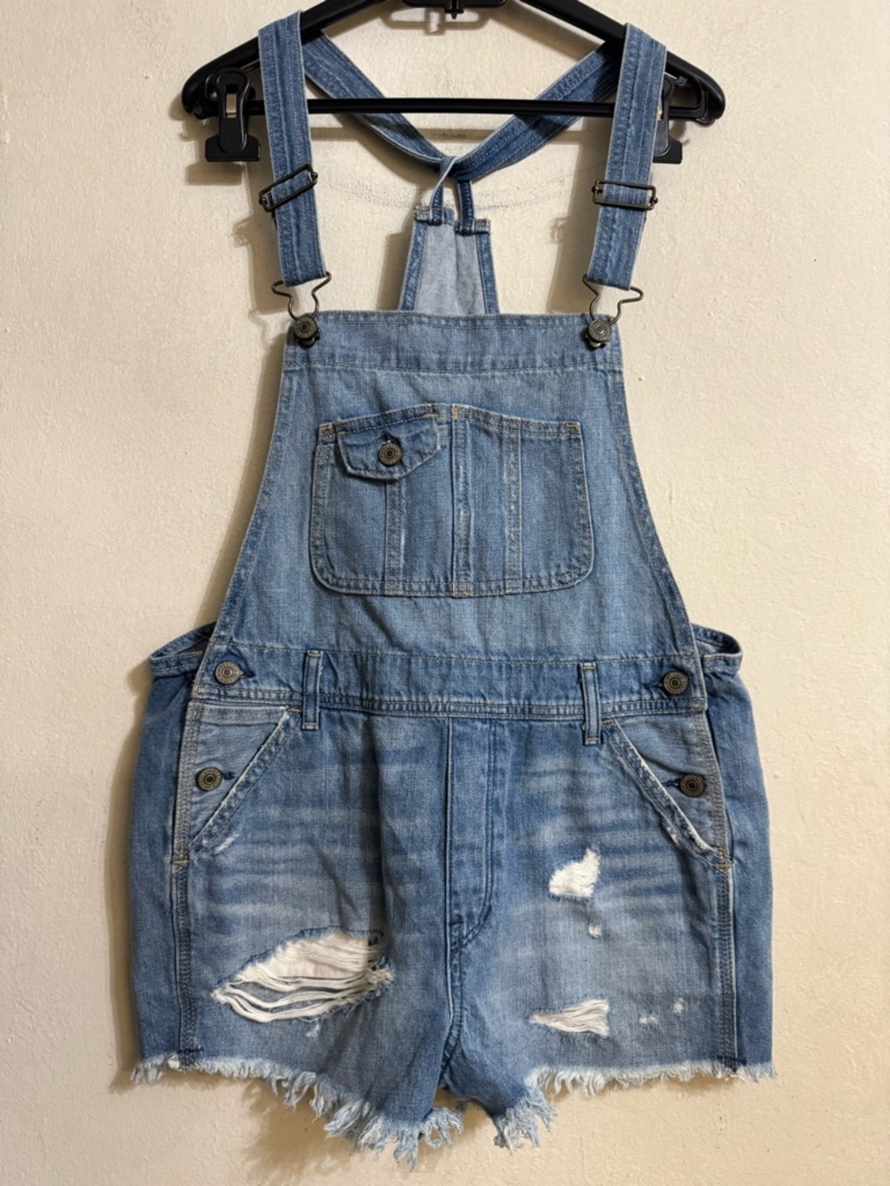Abercrombie Fitch Jean Shortalls Overalls Distressed Raw Hem Womens Size S NWOT.